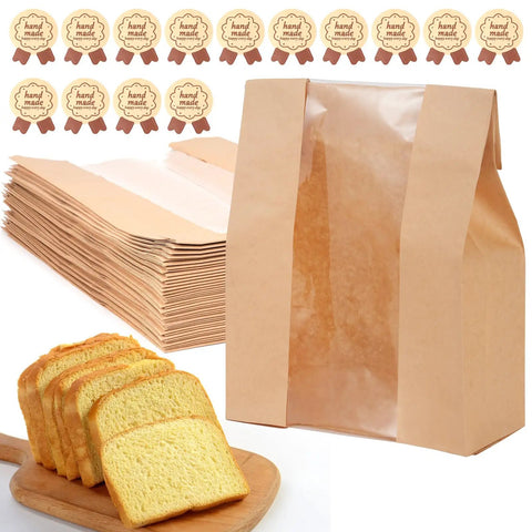 Large Kraft Paper Bread Bags With Window 13.7 Inch By 8.2 Inch By 3.5 Inch 30 Pack next to sliced bread and stickers