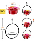 Three Pack Circular Hanging Hummingbird Feeders For Outdoors 3 Oz Mini Hummingbird Feeders With Silicone Ports Bee Proof 360 Degree Perch Ring So Several Birds Can Dine At Once In Your Backyard Garden, showing dimensions and design.