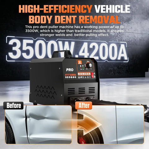Dent Puller Welder 3500W Spot Welding Tool For Auto Body Repair showcasing before and after vehicle dent repair results.