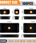 100 Pack Toolbox Organizer Trays And Drawer Dividers Set In 5 Sizes For Garage Home And Office Storage Black Plastic Bins For Tools Hardware Craft Supplies And Small Parts Organization, image showing different tray sizes S, XS, M, L, XL with dimensions