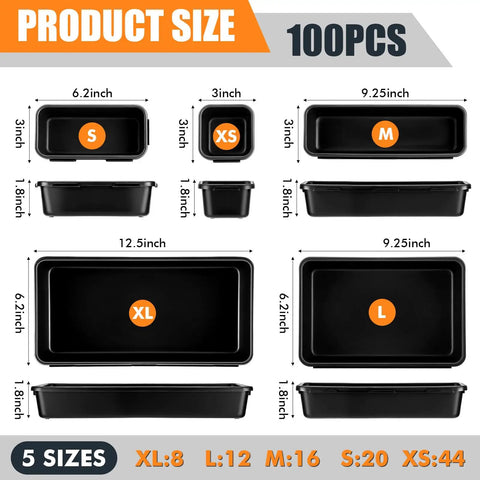 100 Pack Toolbox Organizer Trays And Drawer Dividers Set In 5 Sizes For Garage Home And Office Storage Black Plastic Bins For Tools Hardware Craft Supplies And Small Parts Organization, image showing different tray sizes S, XS, M, L, XL with dimensions