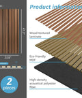 Premium Fluted Acoustic Wood Slat Wall Panels 2 Pack In Clean Walnut Tone Measuring 47.2 By 23.6 Inches displaying product details and materials.