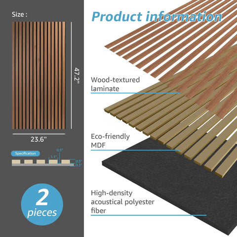Premium Fluted Acoustic Wood Slat Wall Panels 2 Pack In Clean Walnut Tone Measuring 47.2 By 23.6 Inches displaying product details and materials.