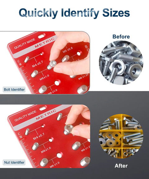 Nut and bolt gauge board, red metric layout labeled Bolt/Nut Identifier; before/after shots with screws and nuts