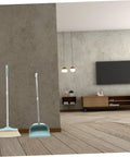 Top Shelf Long Handle Dustpan And Broom Set For All Hard Floors, Sky blue broom and dustpan set in modern living room.