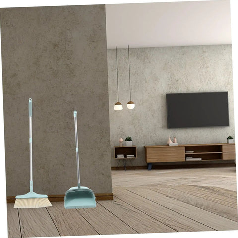 Top Shelf Long Handle Dustpan And Broom Set For All Hard Floors, Sky blue broom and dustpan set in modern living room.