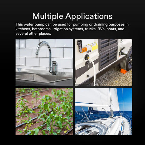 Collage showing multiple applications of Boss Level High Flow 115VAC Diaphragm Water Pump, including kitchens, RVs, and yachts.