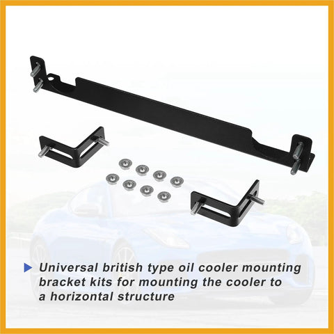 Universal Oil Cooler Mounting Bracket Kit 330mm Aluminum Alloy Black for Engine and Transmission Oil Coolers, shown with bolts and nuts