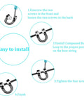 Instruction steps for installing Two Sets Archery D Loop Kit for Compound Bows with Metal U Nock D Ring and screwdrivers.