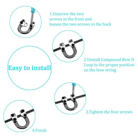 Instruction steps for installing Two Sets Archery D Loop Kit for Compound Bows with Metal U Nock D Ring and screwdrivers.
