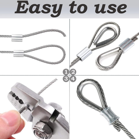 Close-up of One Eighth Inch 304 Stainless Steel Wire Rope Kit 100 Feet With Loop Sleeves And Thimbles for DIY projects.