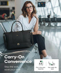 Woman sitting at airport with Spacious Travel Duffel Bag For Women With Shoe Compartment And Carry On Weekender Tote, black.