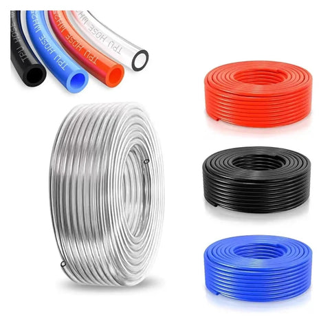 Heavy Duty Black Polyurethane Air Compressor Hose 100 Meter Roll High Pressure Pu Tubing With 12 By 8 Mm Dimensions visible in multiple colors.