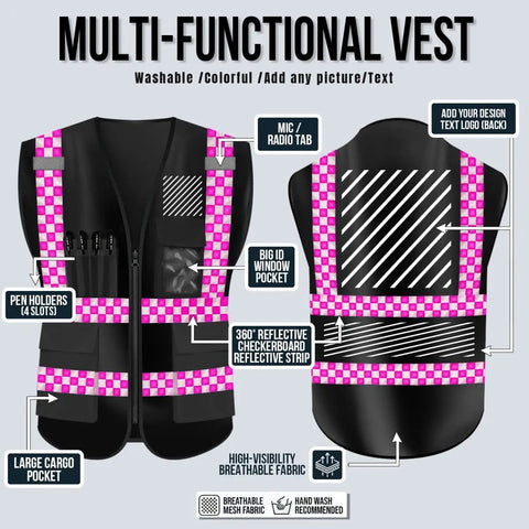 Keep Your Day Crew Looking Fly And Ready For The Grind This High Visibility Reflective Work Vest Packs Premium Snag Free Multi Pockets And Quick Custom Logo Printing For Road Jobs Or Night Shift Hustles - Multi-functional vest with high-visibility fabric, pockets for tools and mic, and checkerboard reflective strip.