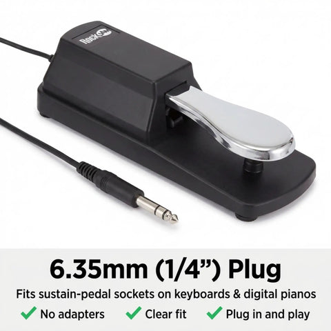6.35mm Sustain Pedal For Keyboards And Digital Pianos With Polarity Switch, chrome footplate, anti slip rubber bottom