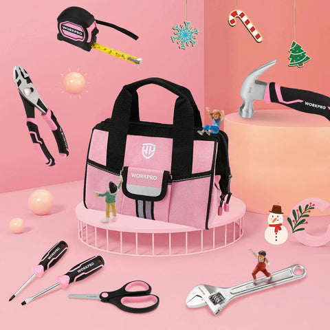 9 Piece Kids Real Hand Tool Set Pink Junior Tool Kit With Storage Bag For Boys And Girls Age 8 Plus DIY Building And Woodworking Safe CPC Certified Tools For Young Builders displayed with tools and accessories