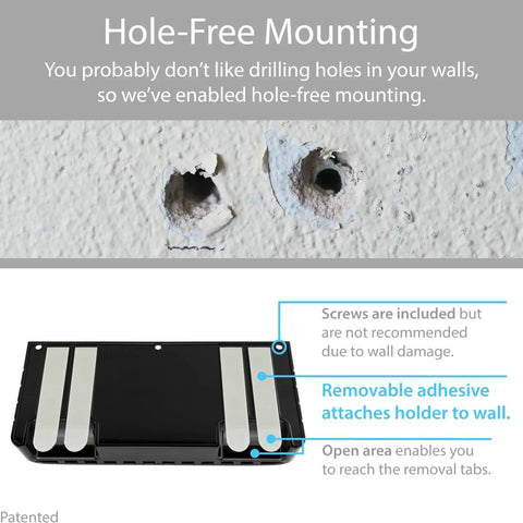 Hole Free Remote Holder sticks to wall with removable adhesive showing no drilling needed, in premium black design.