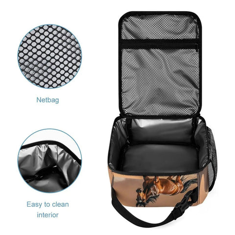 Open view of insulated lunch bag with large capacity cooler tote for work office grab and go picnics beach and camping leakproof water resistant durable polyester with handle easy clean horses running desert storm design