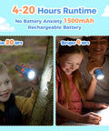Kid Friendly Rechargeable LED Flashlight With Fun DIY Stickers, 6 Light Modes, child holding flashlight outdoors