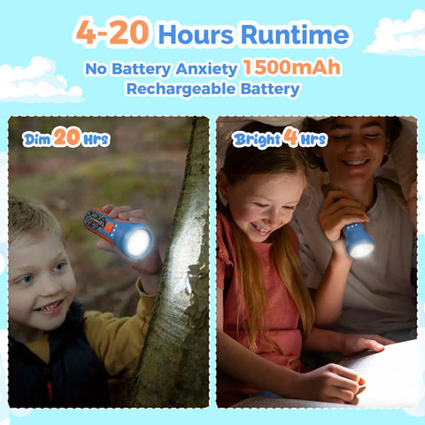 Kid Friendly Rechargeable LED Flashlight With Fun DIY Stickers, 6 Light Modes, child holding flashlight outdoors