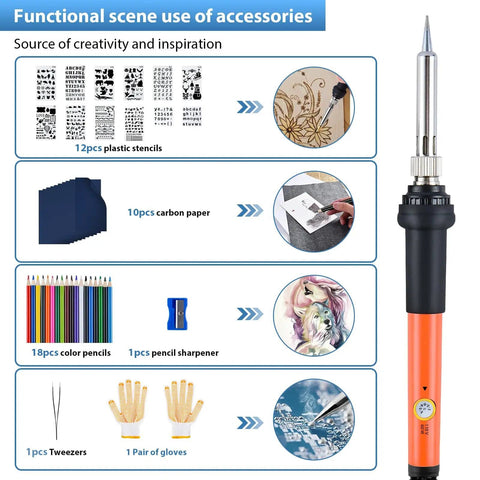 All In One Wood Burning Kit For Adults With Gloves 130 Piece Pyrography Pen Tool Set showing soldering pen and accessories.