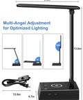 Led Desk Lamp With 15W Wireless Charger, USB And Type C Ports, 2 AC Outlets, side view showing adjustable angles and base size