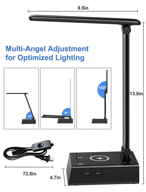 Led Desk Lamp With 15W Wireless Charger, USB And Type C Ports, 2 AC Outlets, side view showing adjustable angles and base size