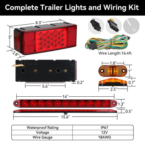 12V LED Trailer Light Kit IP67 Waterproof, brake stop turn lights, rectangular design, wiring kit for boat and utility trailers.