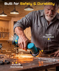 Person using Cordless Mini Angle Grinder 3 Inch Brushless, 19000 RPM, 21V 2.0Ah Batteries, 7 Cutting Discs indoors for metalworking.