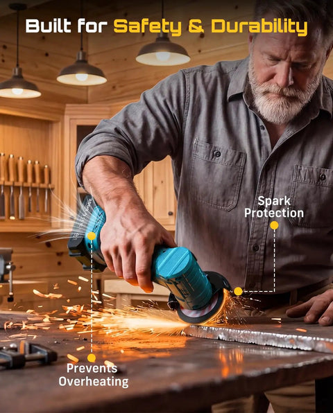 Person using Cordless Mini Angle Grinder 3 Inch Brushless, 19000 RPM, 21V 2.0Ah Batteries, 7 Cutting Discs indoors for metalworking.