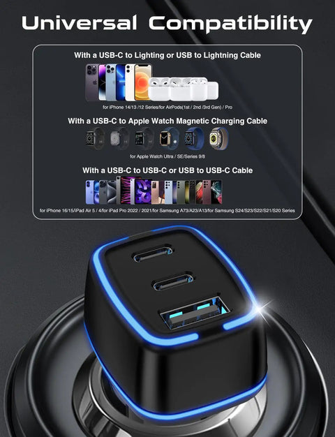 Super Slim 3 Port USBC Car Charger With Dual PD 20W Fast Charging And Quick Charge Adapter, compact black design.