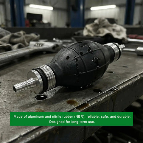 Built Tough Fuel Line Hand Primer Bulb That Pumps Smooth On Gas Or Diesel Engines 8mm X 516 Inch shown on workbench with oil.
