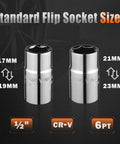 Extendable Lug Wrench With Flip Sockets 4 Piece Telescoping Tire Tool Kit Adjustable From 15.2 To 20.7 Inches Includes 17mm 19mm 21mm And 23mm CR V Sockets And Storage Pouch showing chrome vanadium flip sockets for tire changes.