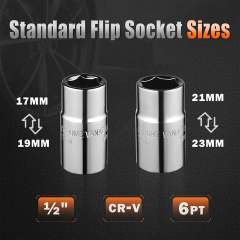 Extendable Lug Wrench With Flip Sockets 4 Piece Telescoping Tire Tool Kit Adjustable From 15.2 To 20.7 Inches Includes 17mm 19mm 21mm And 23mm CR V Sockets And Storage Pouch showing chrome vanadium flip sockets for tire changes.