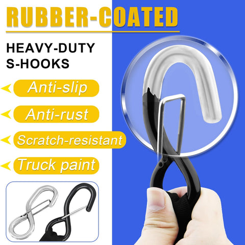 Close-up of rubber-coated heavy-duty S-hooks from Heavy Duty Kayak Tie Down Straps Kit With Bow And Stern Loops And Easy No Knot Setup