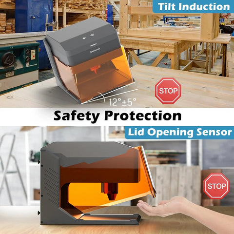 2.5W Laser Engraver Portable Cutter With Acrylic Enclosure, 100x100mm Engraving Area, safety features shown