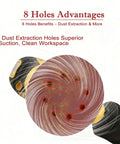 Close-up of 60 Piece 5 Inch Sanding Discs Kit with hook and loop backing, showing 8 holes for dust extraction on orbital sander.