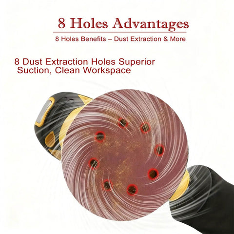 Close-up of 60 Piece 5 Inch Sanding Discs Kit with hook and loop backing, showing 8 holes for dust extraction on orbital sander.
