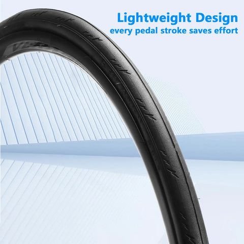 Close-up of tire from 2 Pack 700x28c Road Bike Tire Replacement Kit with Inner Tubes, highlighted lightweight design for city cruising.