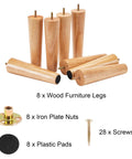 8 Inch Straight Wooden Table Legs 8 Pack Mid Century Style Replacement Feet For Couch Sofa Chair Cabinet Dresser Bed With 110 Lbs Per Leg Capacity Rating, shown with iron plate nuts, screws, and plastic pads.