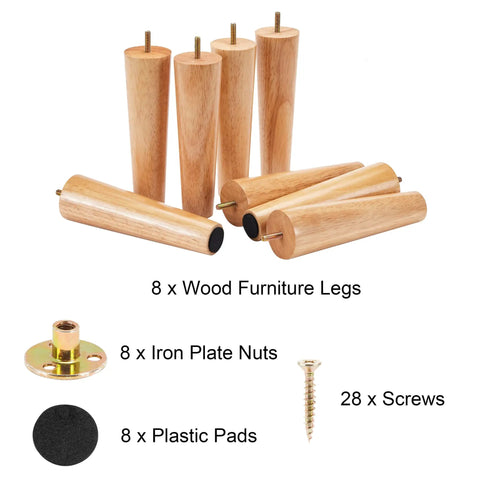 8 Inch Straight Wooden Table Legs 8 Pack Mid Century Style Replacement Feet For Couch Sofa Chair Cabinet Dresser Bed With 110 Lbs Per Leg Capacity Rating, shown with iron plate nuts, screws, and plastic pads.