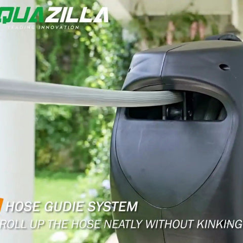 Retractable Garden Hose Reel With 100 Ft 5/8 Inch Hose Wall Mounted 180 Degree Swivel Bracket in use close-up