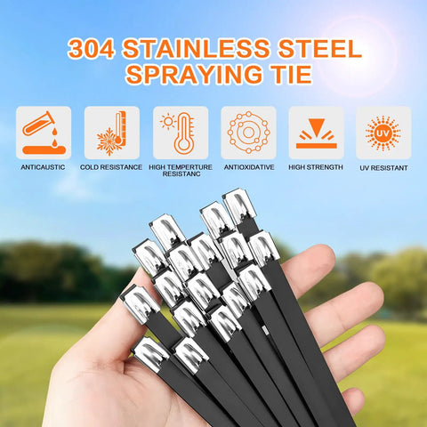 Hand holding black zip ties from Beefed Up Heavy Duty Stainless Steel Cable Tie Gun Kit With 300 UV Resistant Black Zip Ties 150 Each Of 8 Inch And 12 Inch Adjustable Fastening And Cutting Tool Set For Chain Link Fence And Exhaust Wrap. Several product icons are visible above.