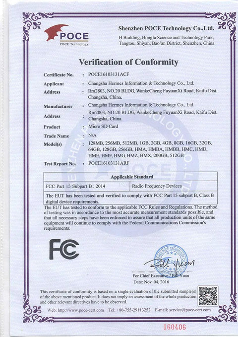 Verification of Conformity document for Micro SD Card, including specifications and compliance details.