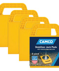RV Stabilizing Jack Pads With Interlocking Design And Included Strap For Easy Storage UV Stabilized Polypropylene Solid Ground Support To Prevent Sinking On Gravel Roots And Soft Surfaces 4 Pack, showing four yellow pads with handles in packaging