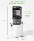 Nama J2 Cold Press Juicer Hands Free White Self Feeding Hopper dimensions 17.7" H x 9.0" L x 9.8" W for healthy juice.