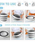 Instructions for folding the Two Pack Collapsible Buckets 2.6 Gallon Capacity, Heavy Duty Portable Pails for easy storage.