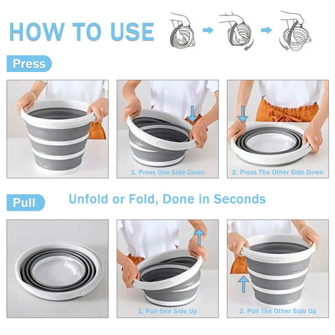 Instructions for folding the Two Pack Collapsible Buckets 2.6 Gallon Capacity, Heavy Duty Portable Pails for easy storage.