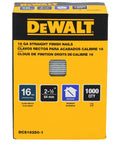 Box of Dewalt 16 GA finish nails with 2-1/2 inch size for baseboards and window casing, 1000 count