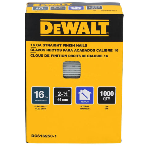 Box of Dewalt 16 GA finish nails with 2-1/2 inch size for baseboards and window casing, 1000 count